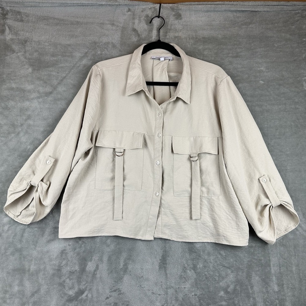 Sweet Rain Blouse Button Front Women's XL Beige D Ring Pockets Roll Tab Sleeves